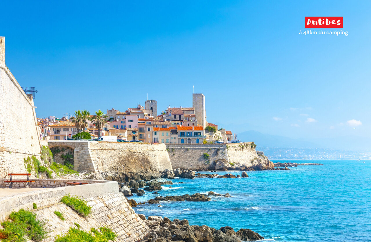 Historic Antibes old town, ancient ramparts and Mediterranean Sea, French Riviera.