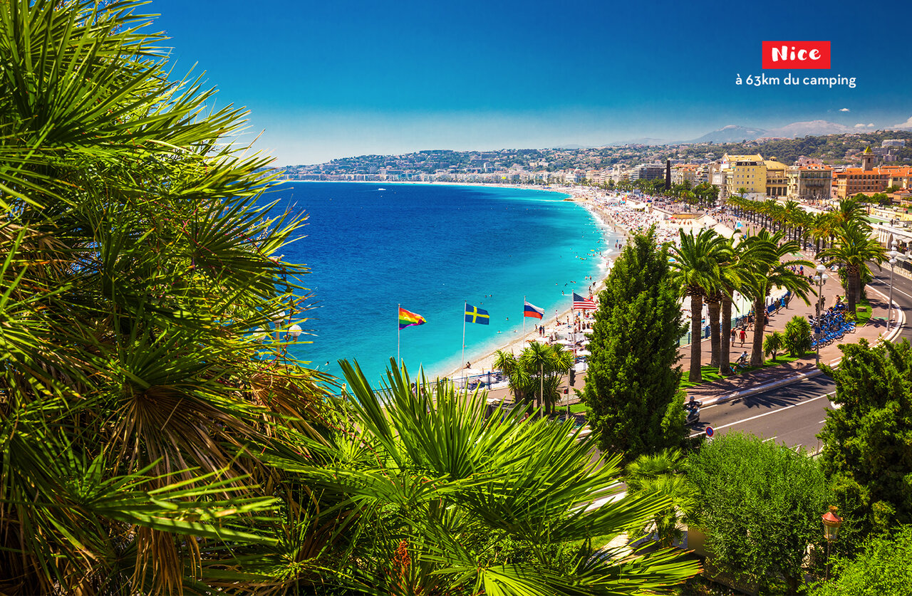 Promenade des Anglais and Nice beach, tourist city on the French Riviera.