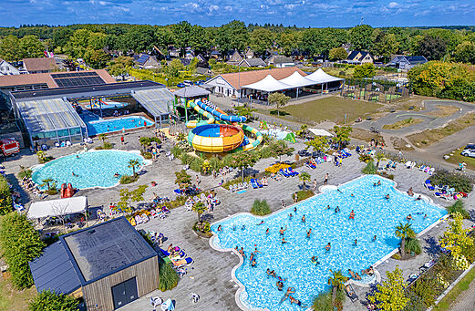 Aerial view water park, slides, pools at CAPFUN De Fruithof campsite in Klijndijk.