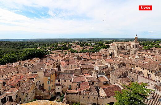 Aerial view of Uzès, historic city with cathedral, near the campsite.