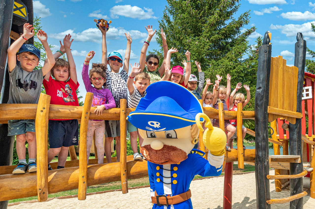 Pirate mascot, children on playground at camping CAPFUN Fuvettes in Malbuisson.