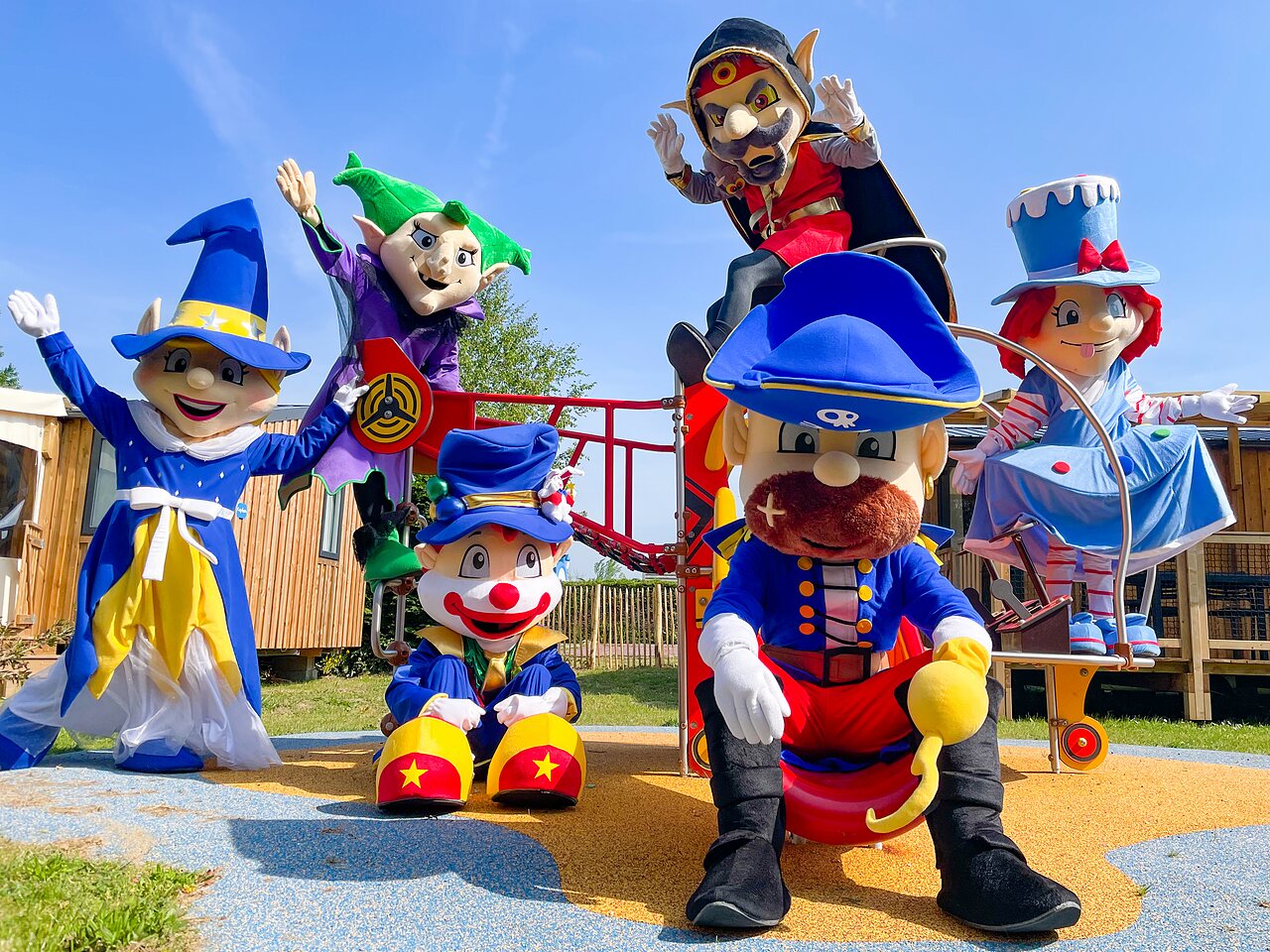 Capfun mascots on playground, CAPFUN Golf campsite, SAINT JEAN DE LA RIVIERE (50).