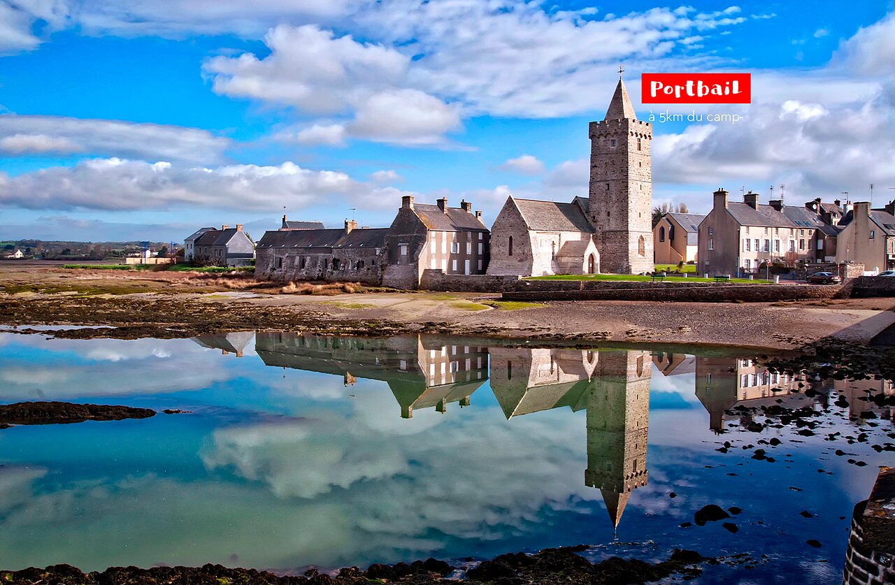 Church of Portbail and its reflections in water, a place to visit in Normandy.