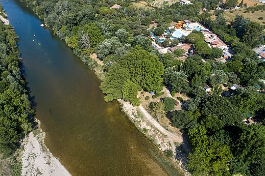 Aerial view river, kayaks, campsite CLICOCHIC Gorges du Gardon in VERS PONT DU GARD.