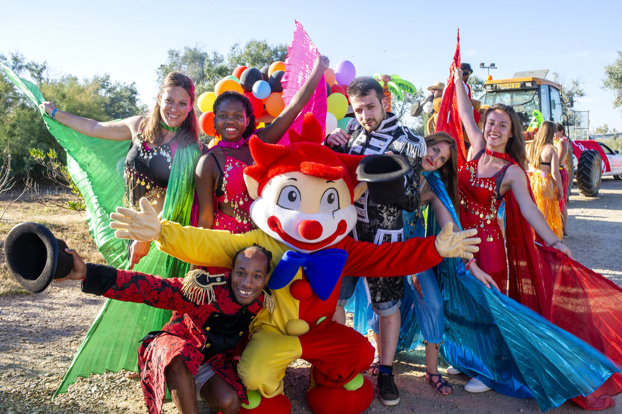 Costumed entertainment team with mascot at CAPFUN Grande Cosse campsite in Saint Pierre la Mer (11).