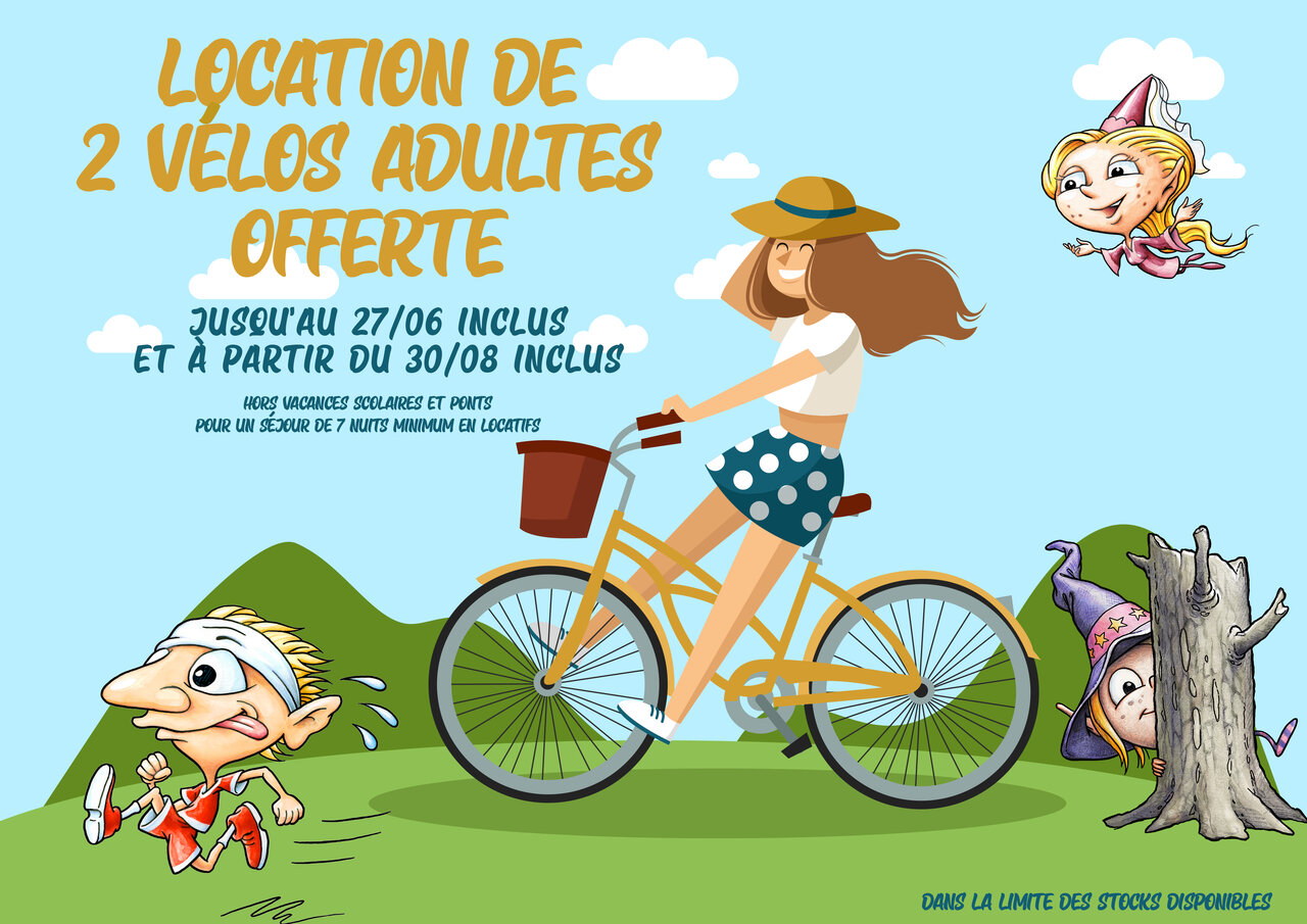Adult bike rental offer, woman on bike at CAPFUN Grenouill�re campsite in Su�vres.