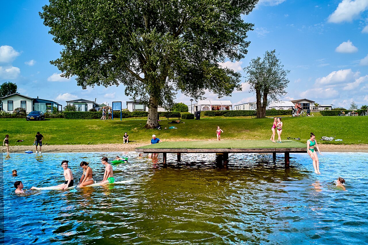 Water activities, swimming, and pier on the lake at CAPFUN Groene Eiland campsite in Appeltern.