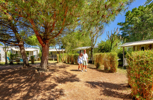 Shady path with Mobile-homes and couple at VAGUES OCEANES Grosses Pierres campsite in Saint-Georges-d'Oléron (17).