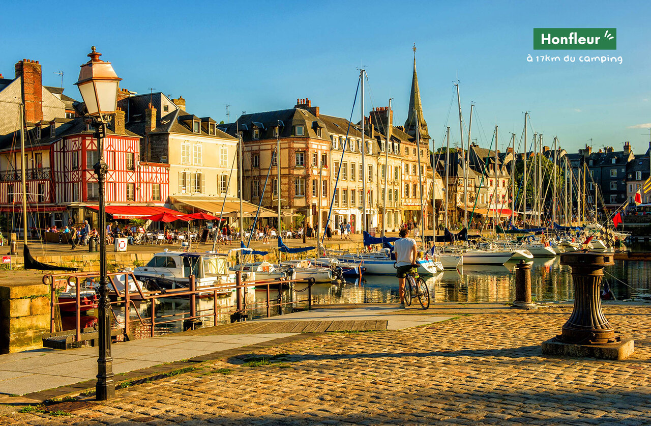 Old port of Honfleur with colorful houses and boats, Normandy.