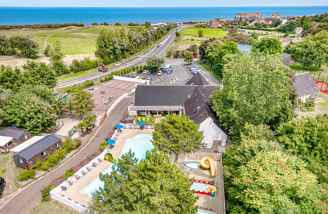 Aerial view of CLICOCHIC Havre de Berni�res campsite (14) with pool and restaurant.