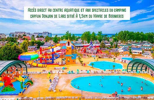 Aquatic center with pools and colorful slides at CAPFUN Donjon de Lars campsite in Berni�res-sur-Mer.