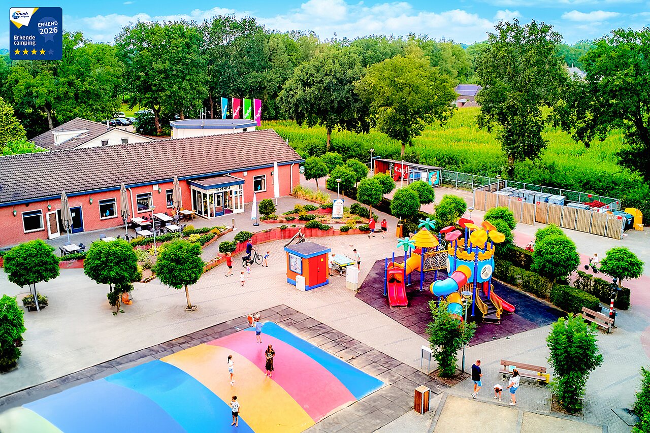 Inflatable jumping pillow, colorful playground, restaurant at CAPFUN Heino campsite in Heino.