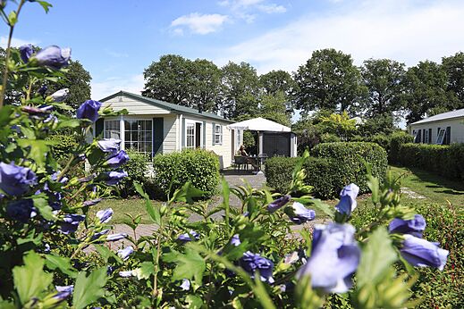 Mobile home with shaded terrace and lush vegetation at CAPFUN Heino campsite in Heino