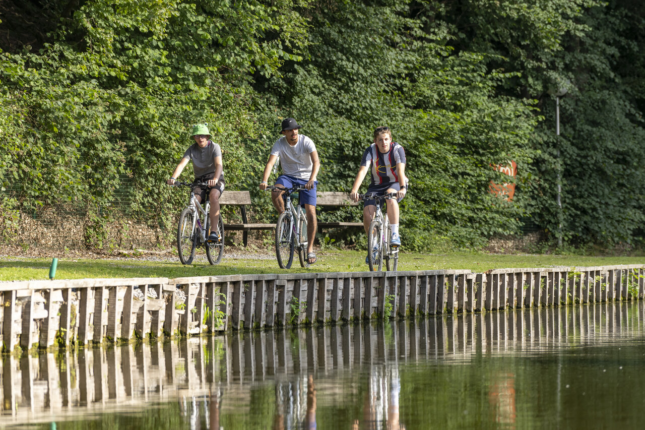 Three young men cycling by a pond, nature, at CAPFUN Hirondelle campsite in Oteppe.