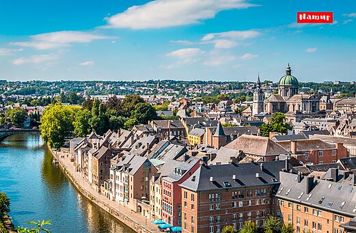 Namur, historic city with the Meuse river and old buildings.