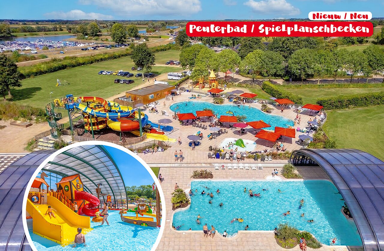 Outdoor pools, water slides, covered paddling pool at CAPFUN IJsselstrand campsite in Doesburg.