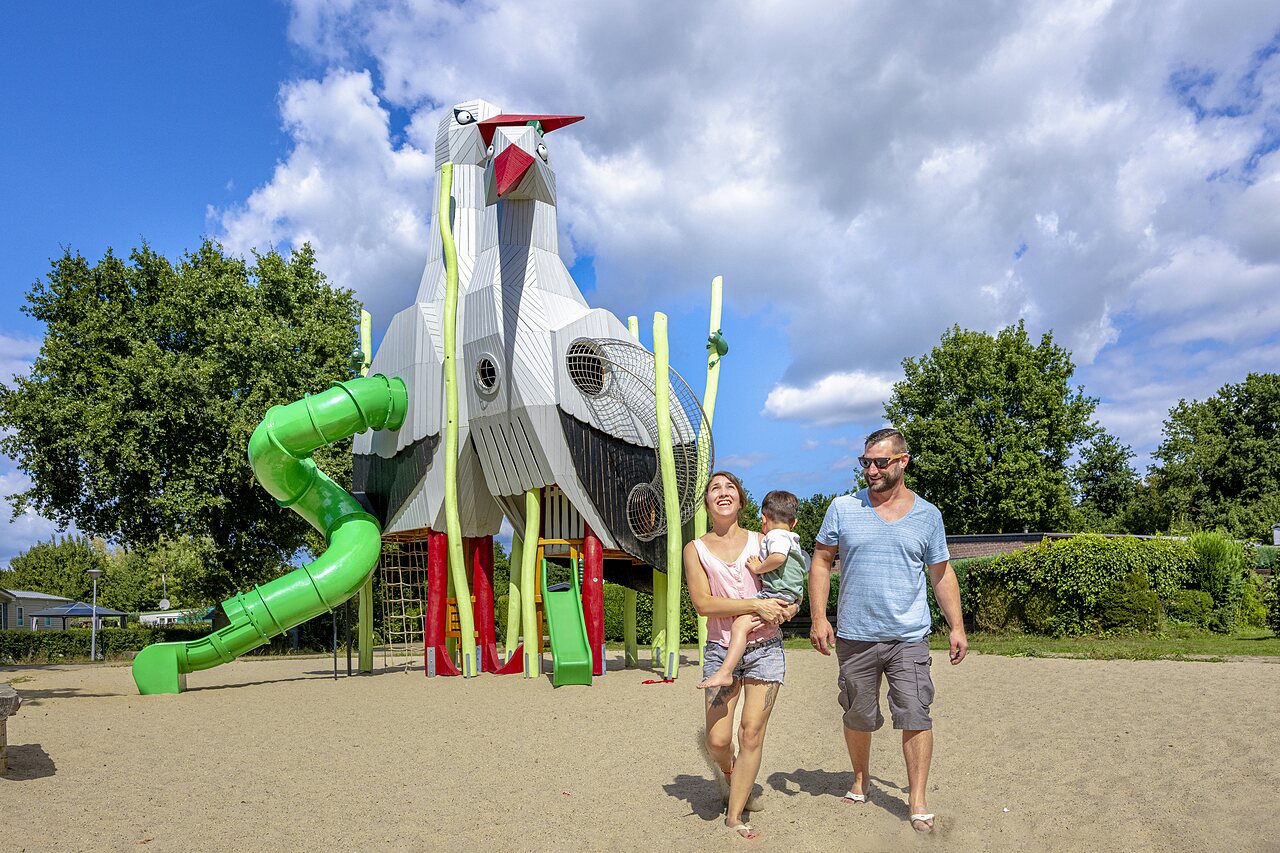 Large stork playground, slides, family at CAPFUN IJsselstrand campsite in Doesburg.