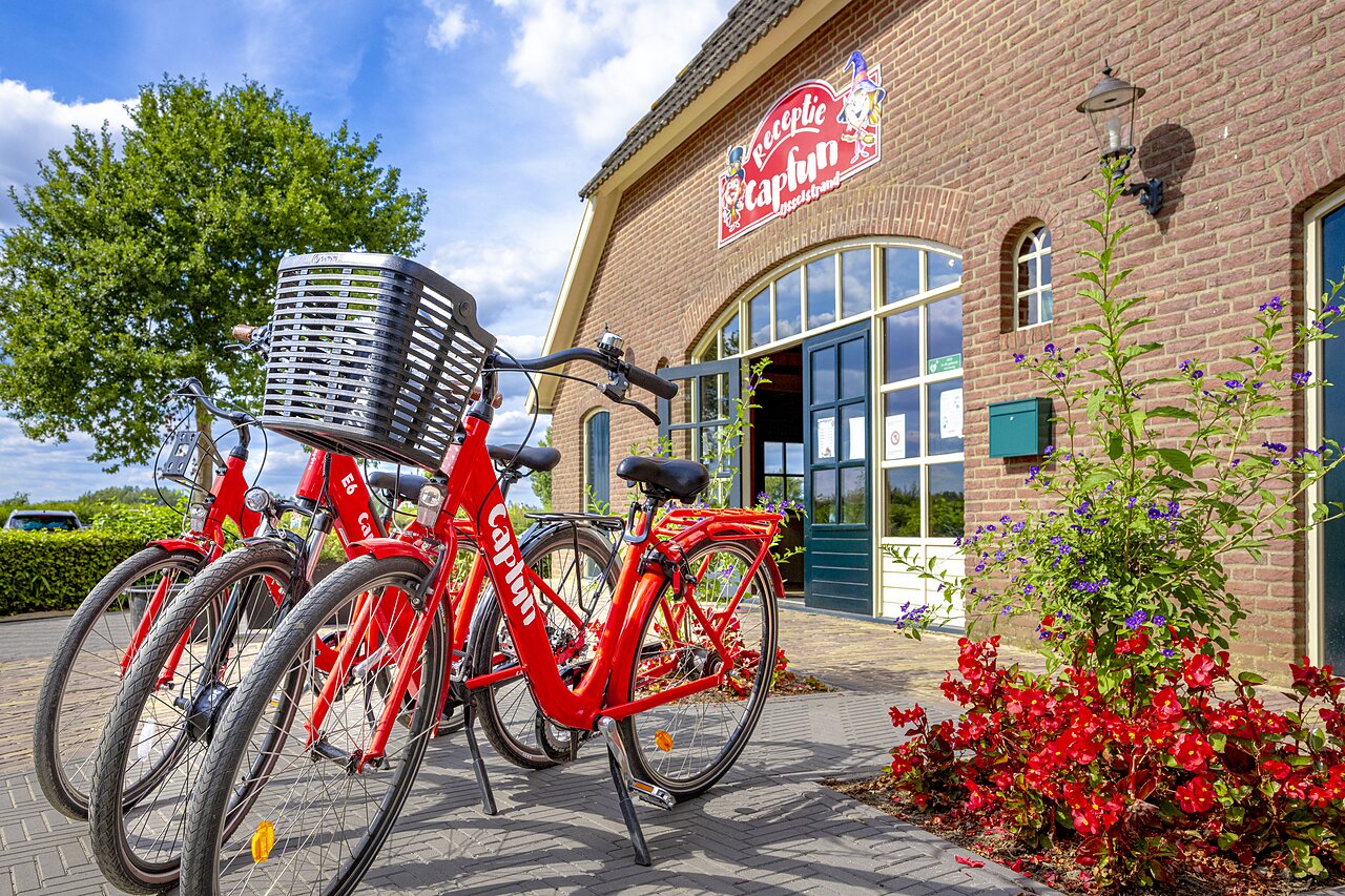 Red rental bicycles in front of the reception at CAPFUN IJsselstrand campsite in Doesburg.