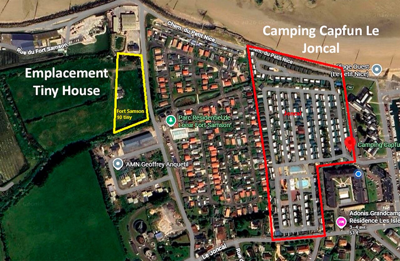 Aerial plan of Capfun Le Joncal campsite, with Tiny House location in Grandcamp - Maisy (14).