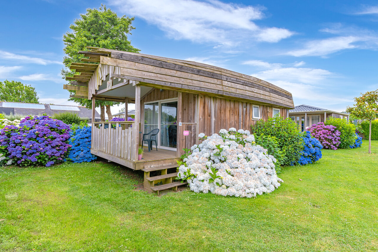 Wooden chalet with terrace and colorful hydrangeas at CAPFUN Kervel campsite in PLONEVEZ PORZAY (29).