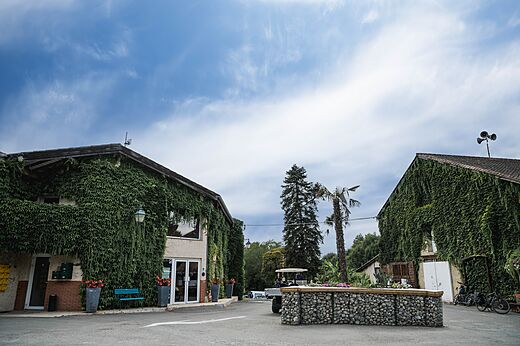 Ivy-covered reception buildings at CAPFUN Lac des 3 Vall�es campsite in Lectoure (32).