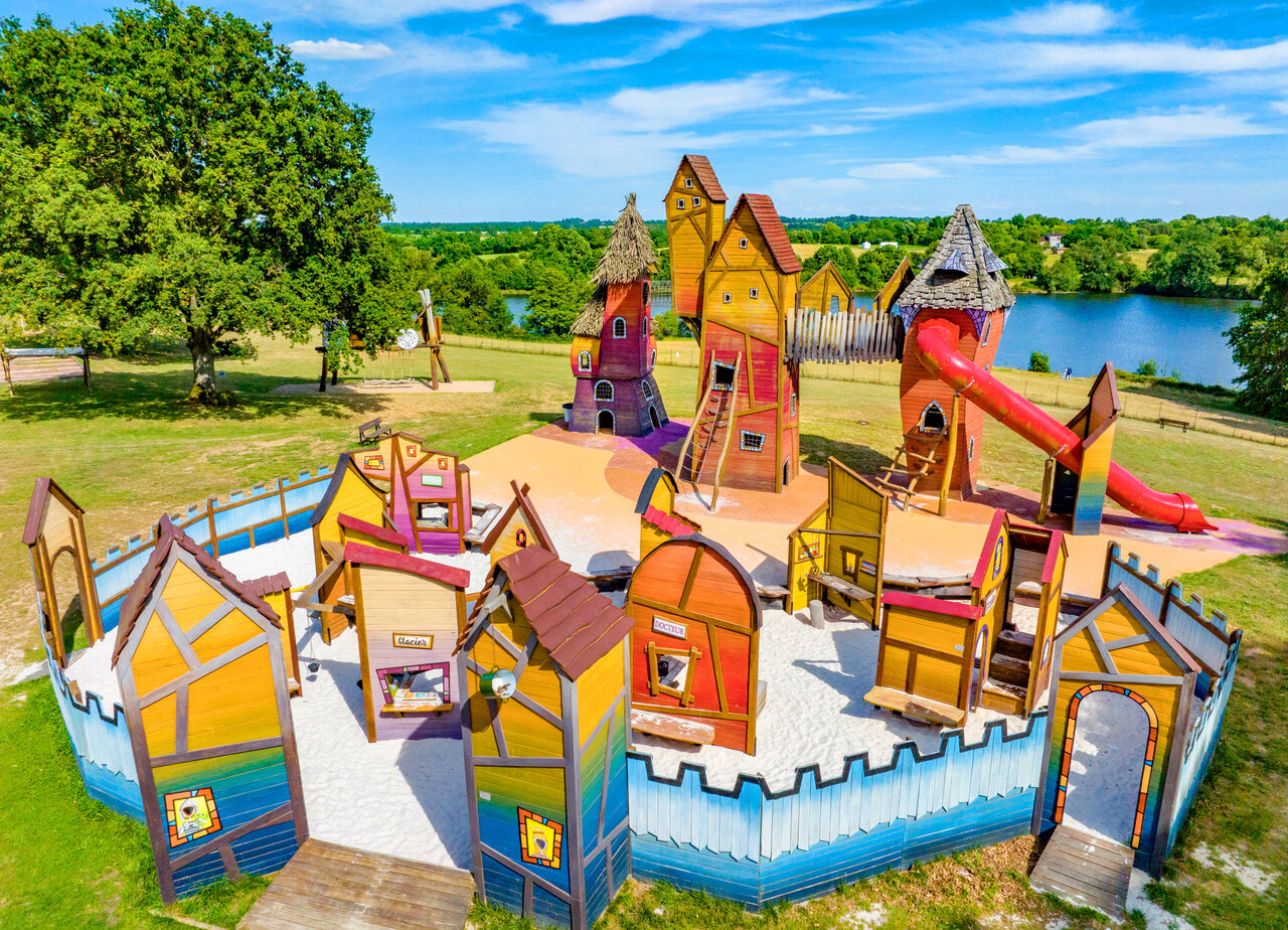 Colorful playground, giant slide at CAPFUN Lac de Ribou in Cholet (49).