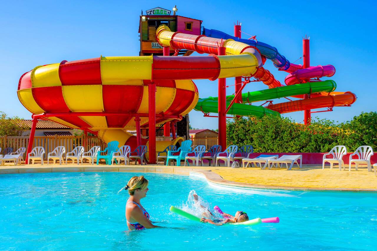 Colorful water slides and family pool at CAPFUN Las Bousigues campsite in Le Barcar�s (66).