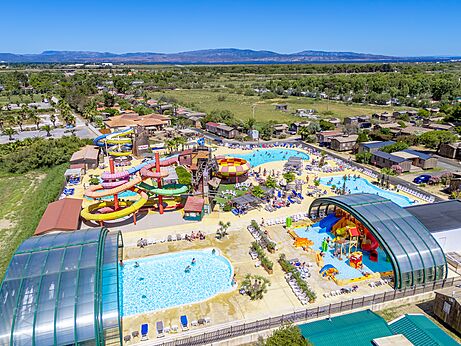 Aerial view water park at CAPFUN Las Bousigues campsite in Le Barcar�s (66).