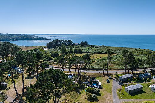 Aerial view camping, mobile homes, sea at CLICOCHIC campsite in Lannion.