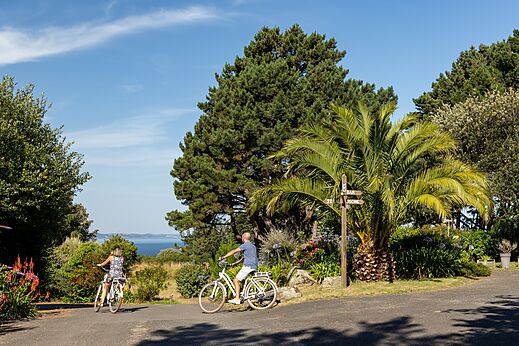 Two cyclists on a tree-lined path at CLICOCHIC Les plages de Beg Léguer campsite in Lannion (22).