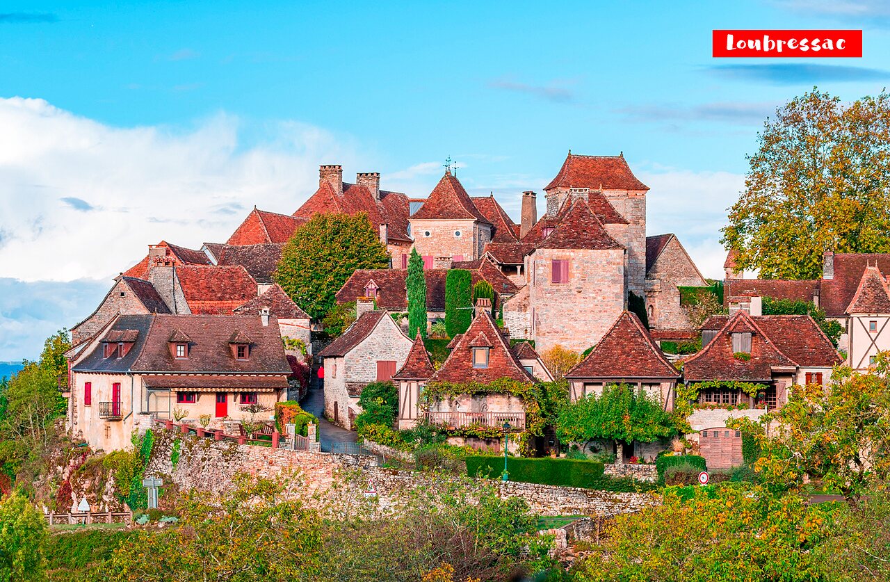 Medieval village of Loubressac, traditional houses and red roofs, Lot, Occitanie.