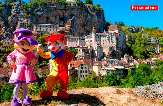 Mascots in front of Rocamadour medieval city, village in the Lot.