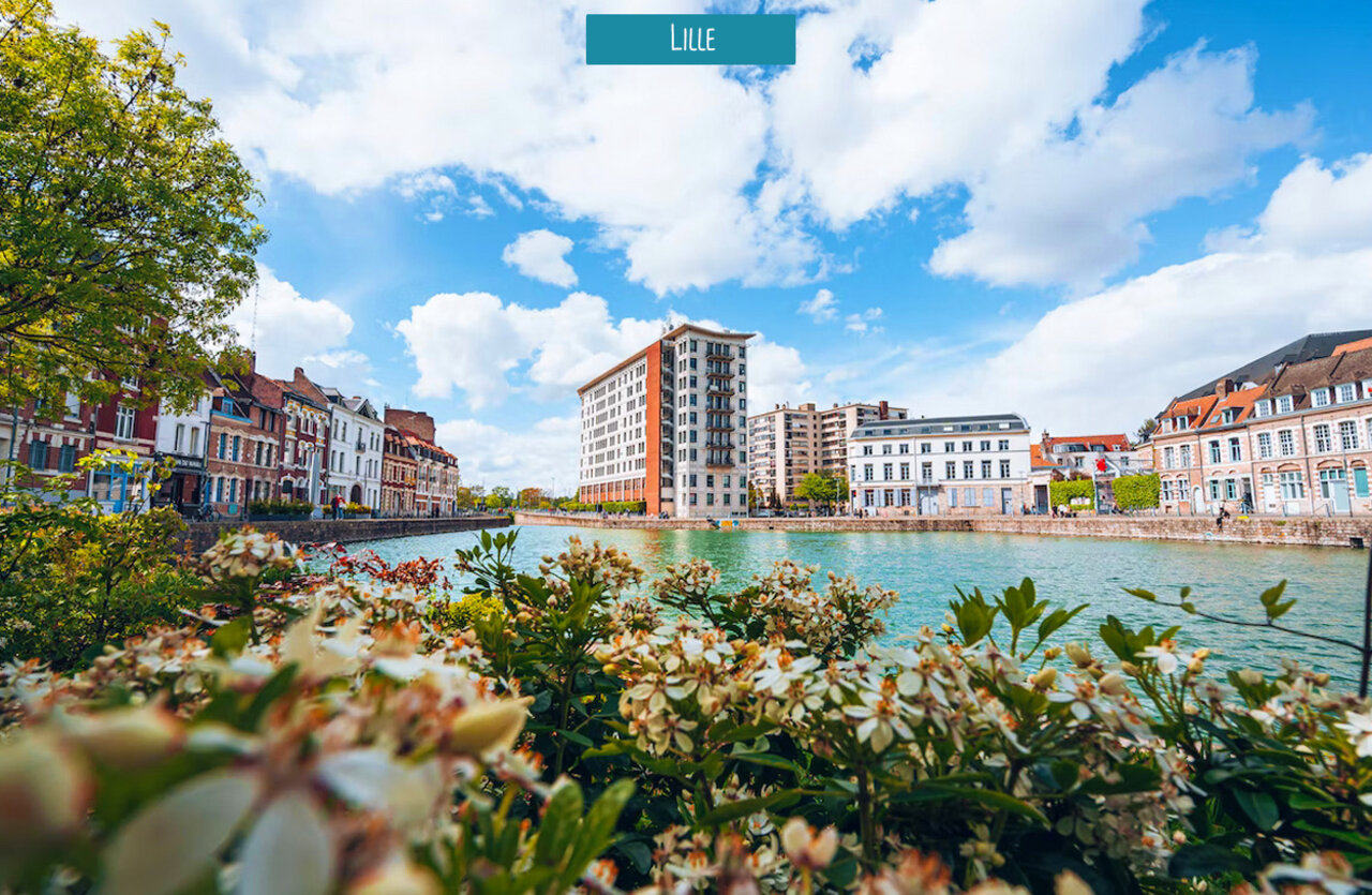 Picturesque canal view in Lille, Hauts-de-France, with historic buildings and blooming flowers.