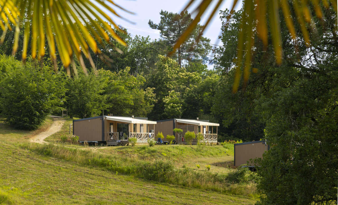 Modern mobile homes with terraces in nature at CLICOCHIC Linotte campsite in Le Bugue (24).