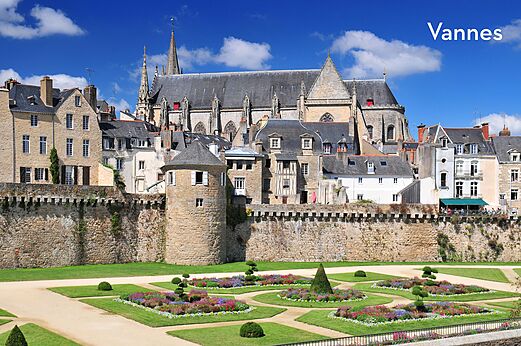 Ramparts, gardens and cathedral of Vannes, historic city in Southern Brittany.