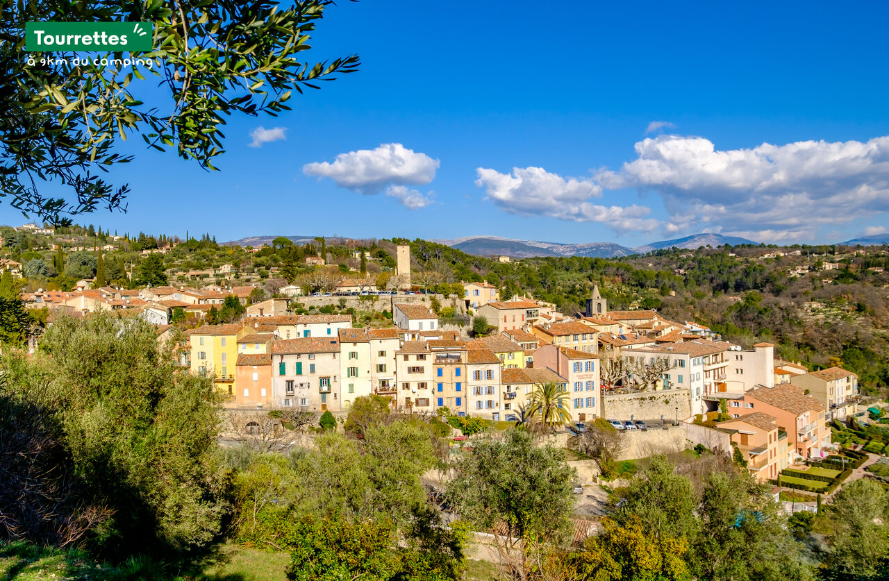 Hilltop village of Tourrettes, colorful houses and medieval tower, near Fayence.