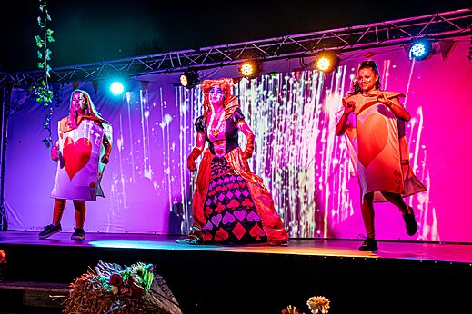 Entertainment show with costumed characters on stage at CAPFUN Mael campsite in ARGELES SUR MER (66).