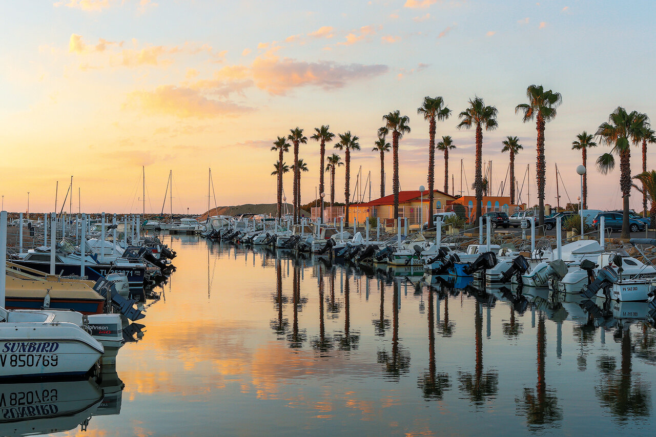 Marina with boats and palm trees at VAGUES OCEANES Marinette campsite in Ste Marie La Mer (66).