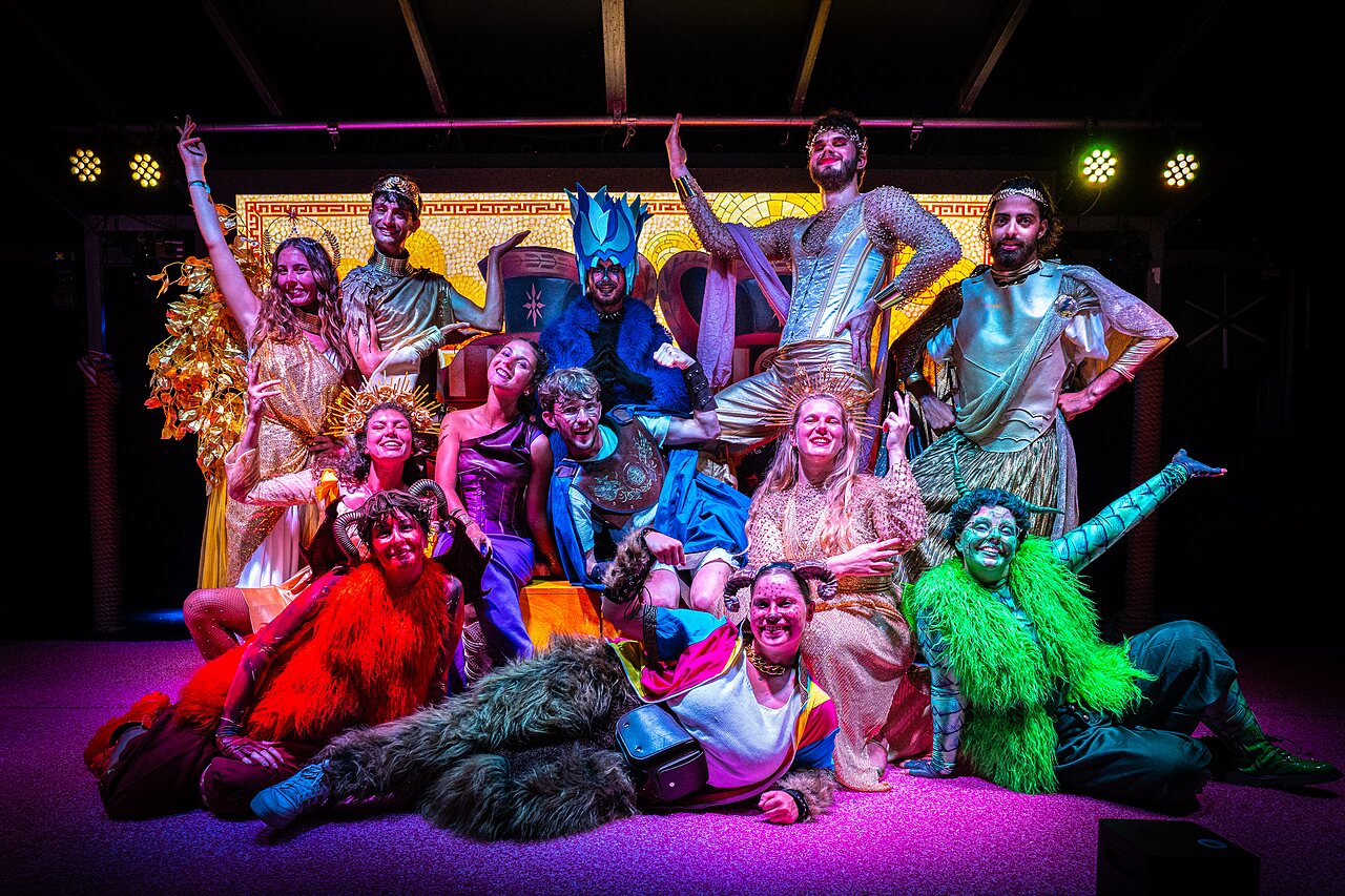 Group of costumed artists performing show at CAPFUN Mille P�pites campsite in Carnon (34).