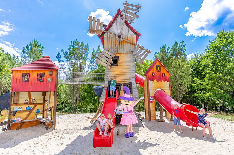 Carabouille playground - Giant windmill and house playground, slides at CAPFUN Moulinal campsite in BIRON.