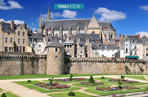 Historic city walls, gardens, and cathedral of Vannes in Brittany, France.