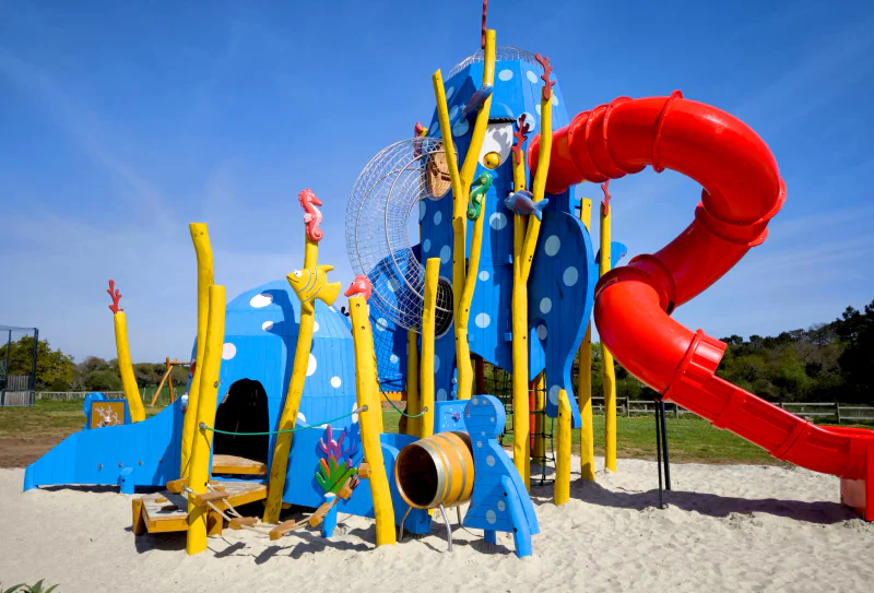 Marine themed playground, red slide, blue structures at VAGUES OCEANES Moustoir campsite.