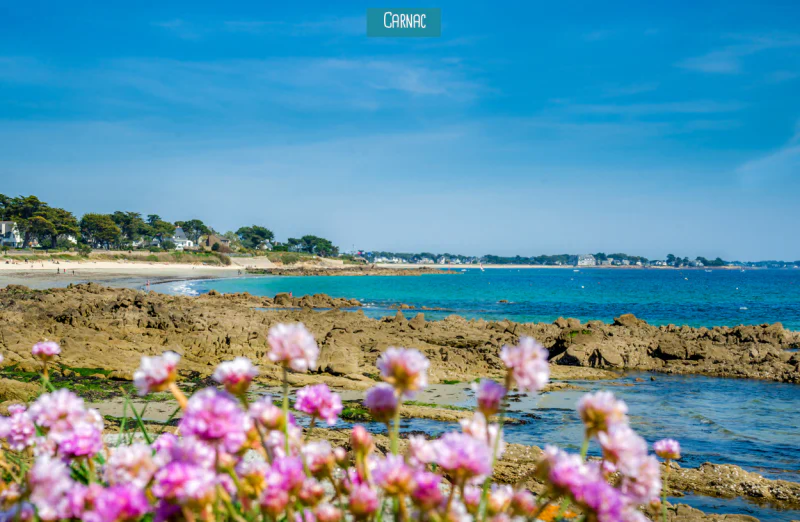 Fine sandy beach and turquoise sea in Carnac, Morbihan.