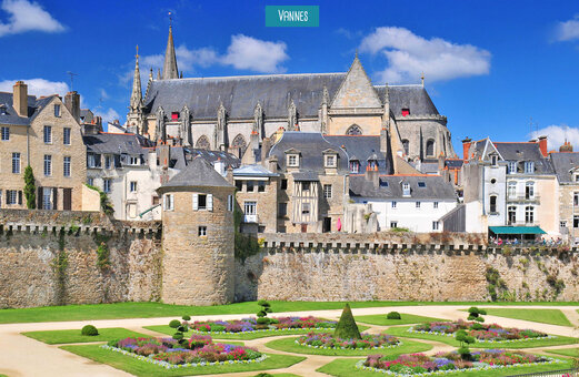 Historic city walls, French gardens and cathedral of Vannes, Morbihan, Brittany.