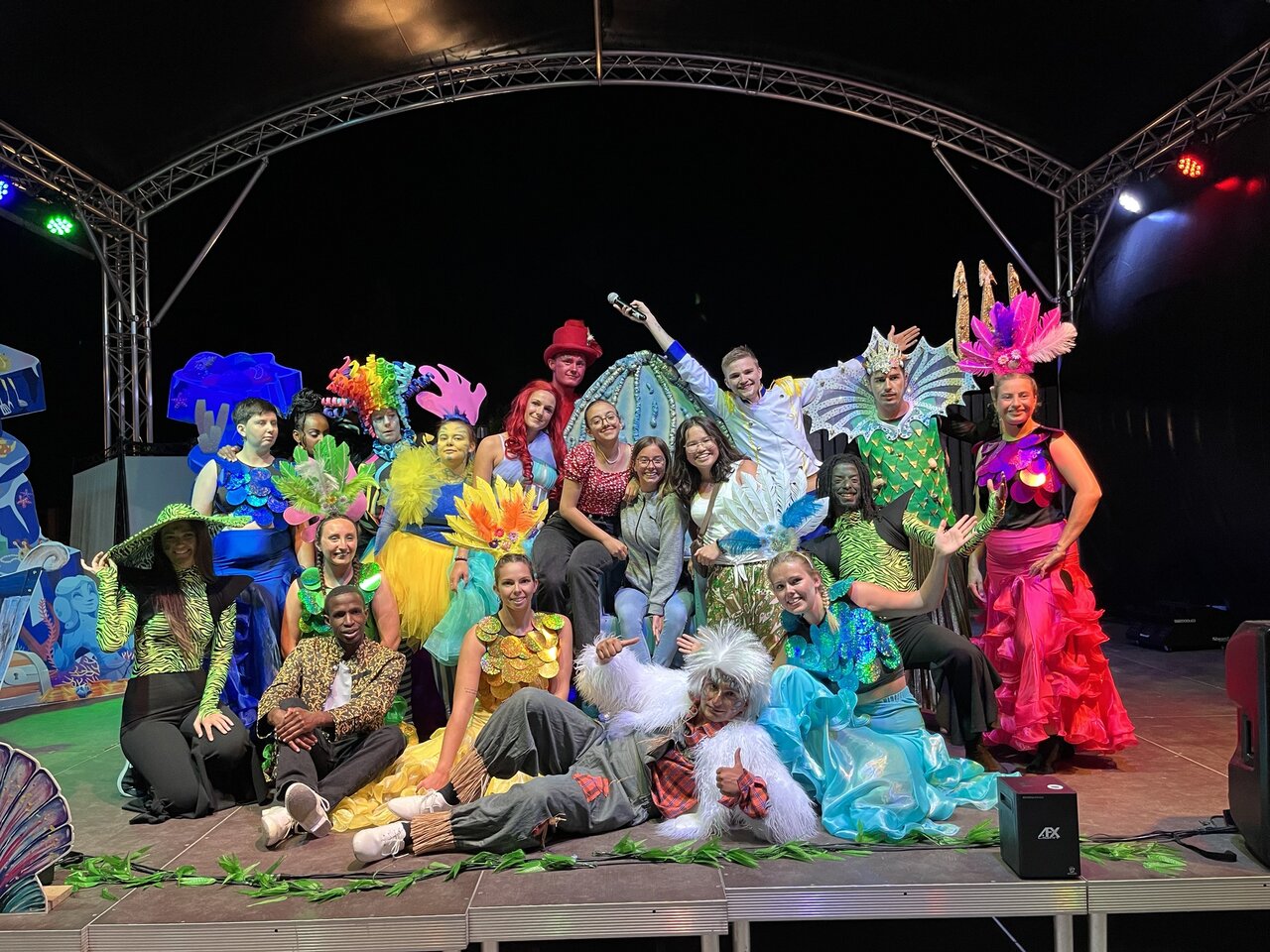 Costumed animation team on stage at CAPFUN La Nautique campsite in Narbonne (11).