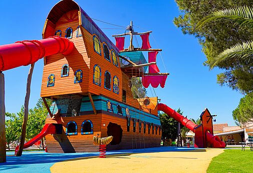 Giant pirate ship, children's slides at CAPFUN La Nina campsite in Agde (34).