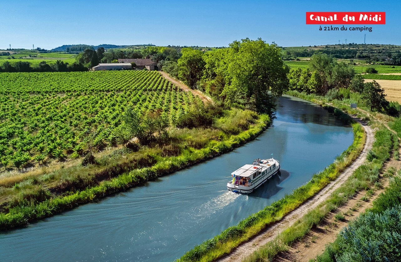 Boat sailing on the Canal du Midi, surrounded by vineyards and lush nature.