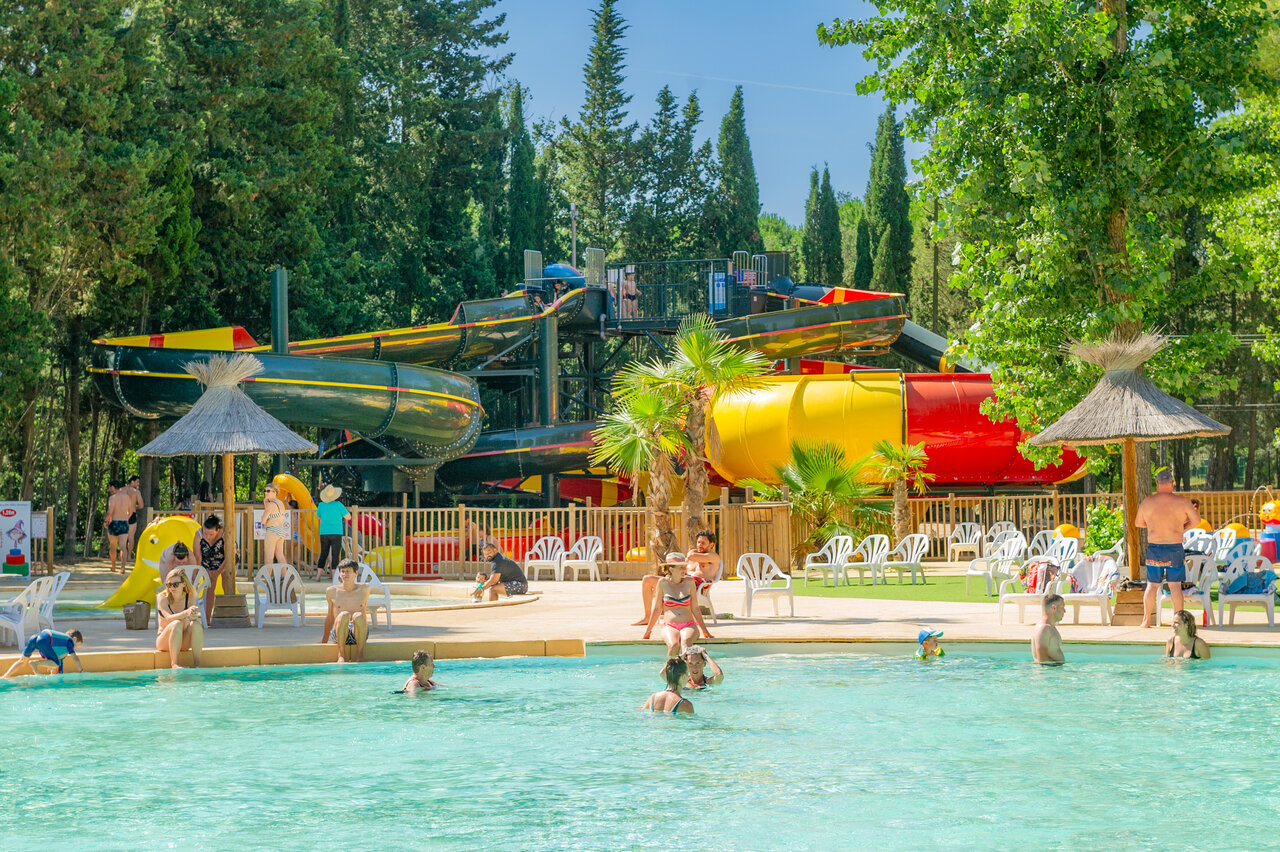 Large water slides and outdoor swimming pool at CAPFUN Or campsite in La Grande Motte (34).