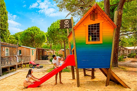 Pirate playground with slide, family, at CAPFUN Or campsite in La Grande Motte.