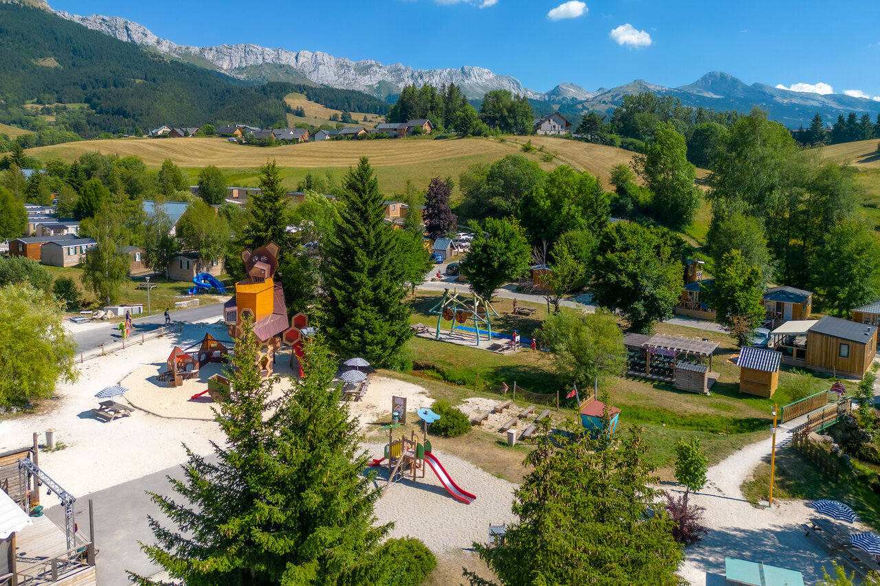 Playground with slides and fun structures at CAPFUN Oursi�re campsite in Villard de Lans (38).